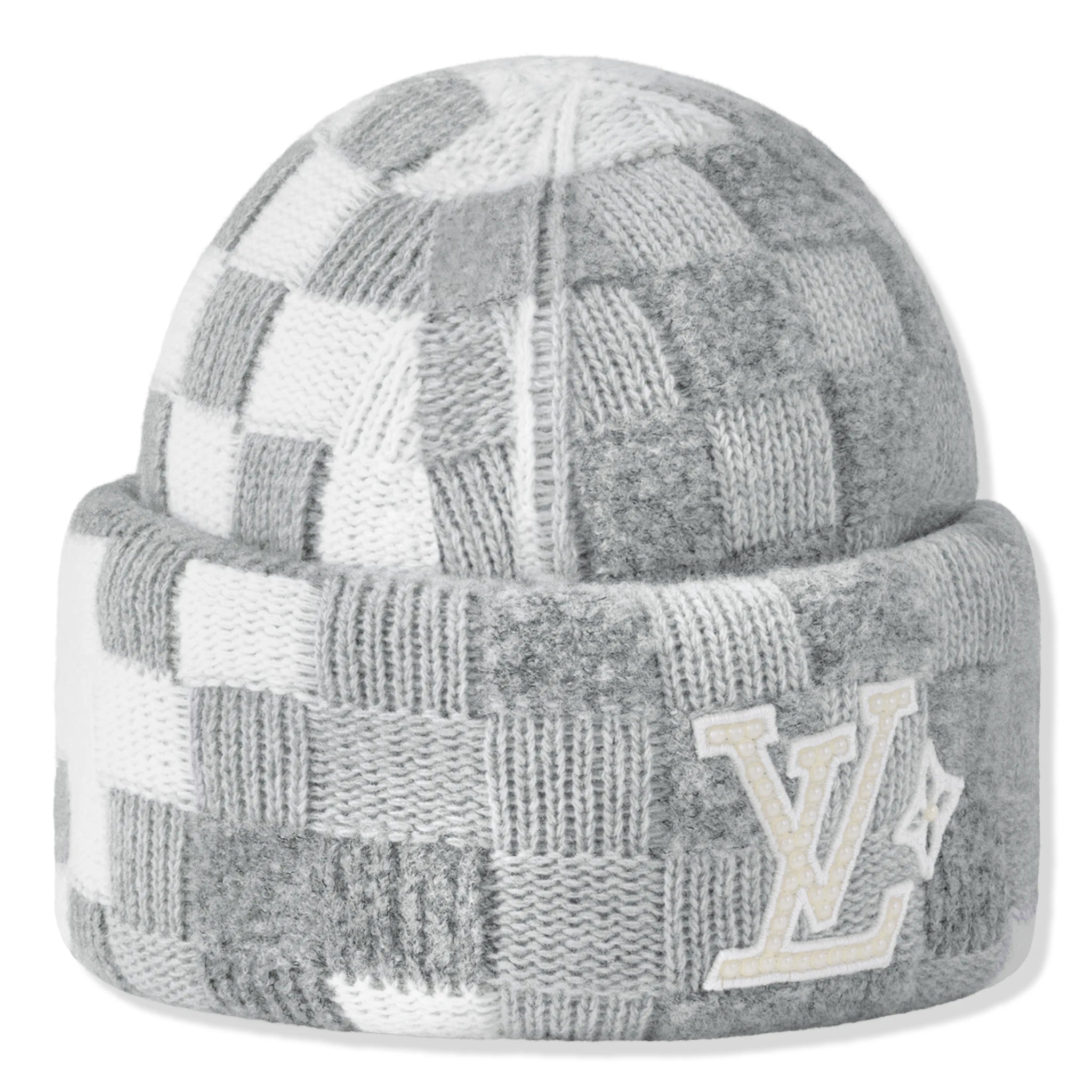 Front view of Louis Vuitton Damoflage Pearls Crush Reversible Light Grey Beanie NVPROD5780081V